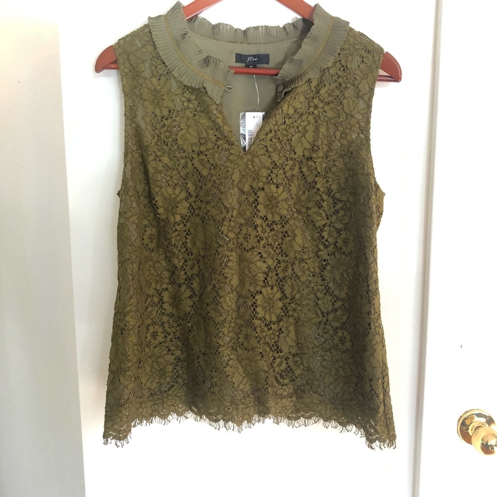 J. Crew Lace Ruffle-Neck Top in Burnished Moss NWT - Picture 2 of 16